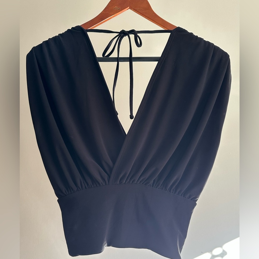 Express Black V-Neck Blouse with Tie-Back